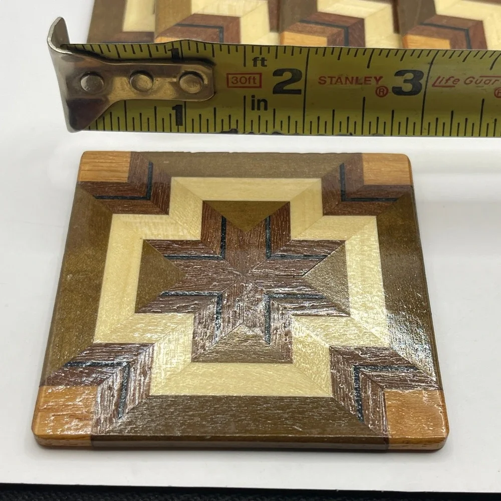 Vintage Wood Mosaic Coasters Set of 5 Star Pattern MCM Bar Parque 3X3 inches
